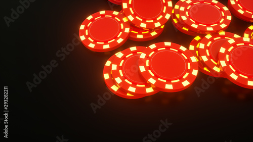 red playing chips roll in from above. 3d rendering illustration