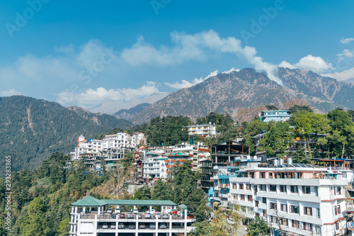 Himalayan mountain landscape and view of Dharamshala valley in Himachal Pradesh, India photo