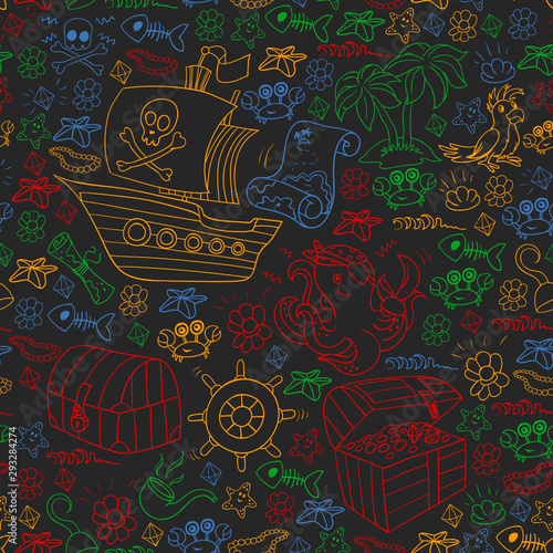 Vector set with pirate elements for birthday party for little children. Kids pattern with octopus  beach  treasure chest  ship