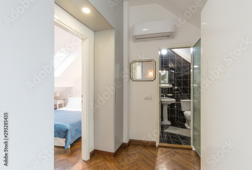Canvas Print Apartment interior, corridor with view to a bedroom and bathroom