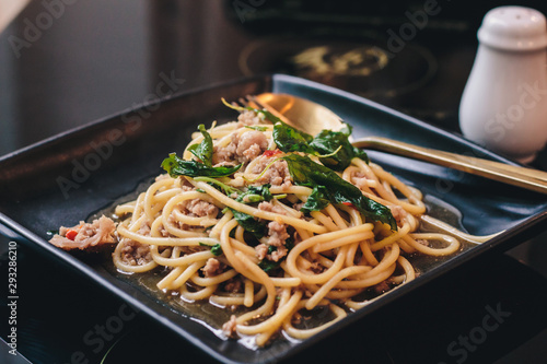 Spaghetti With Stirred Fried Holy Basil 