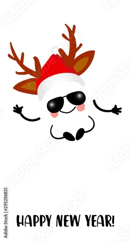 New Year or Christmas card. Funny cartoon cheerful character on a white background. Winter holidays. Santa claus or deer antler costume.