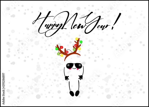 New Year or Christmas card. Funny cartoon cheerful character on a white background. Winter holidays. Santa claus or deer antler costume.