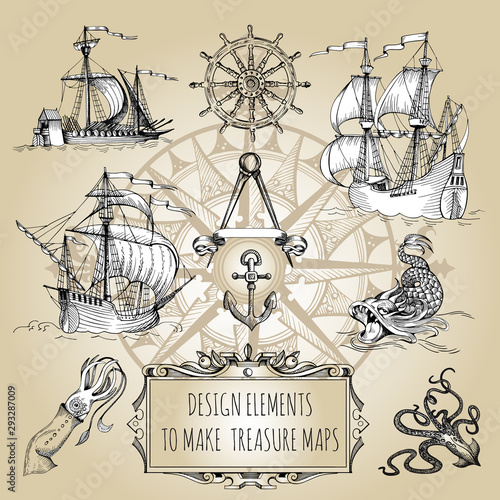 Set of decorative elements for the design of an old geographical map. Ancient caravel, sea monsters, anchor, ship's wheel, compass-meter, wind rose, framework for inscriptions, cartouche.