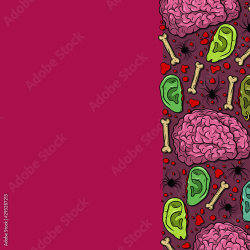 Vector horror pattern with creepy brain, ears, bones, spiders for scary design, print, poster, cover, sticker, packing. Spooky illustration for horror festival, party invitation, Halloween design.