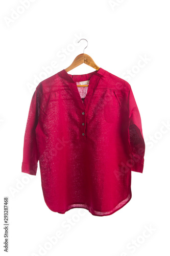  red linen long sleeve blouse on a hanger isolated on white background