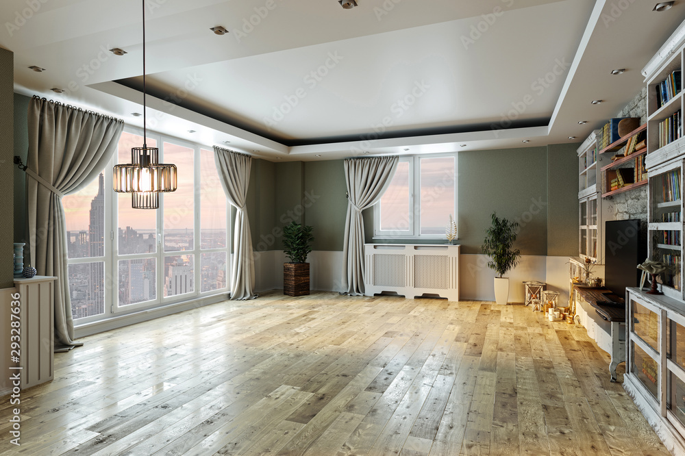 Obraz premium empty interior design living room. balcony with large windows. Scandinavian style. TV unit and library. 3D rendering