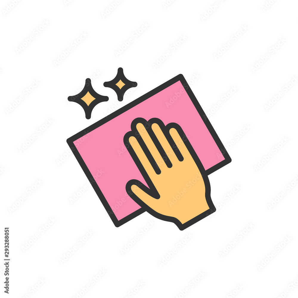 Obraz premium Vector cleaning with rag flat color line icon.