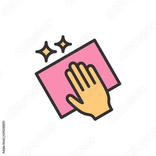 Vector cleaning with rag flat color line icon.