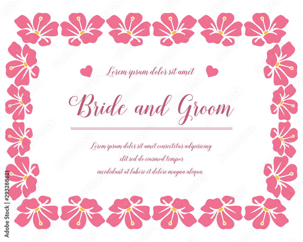 Template invitation card bride and groom, with vintage pink flower frame. Vector
