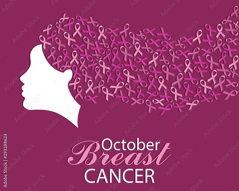 Breast Cancer Awareness Month. Profile woman face with pink bow hair