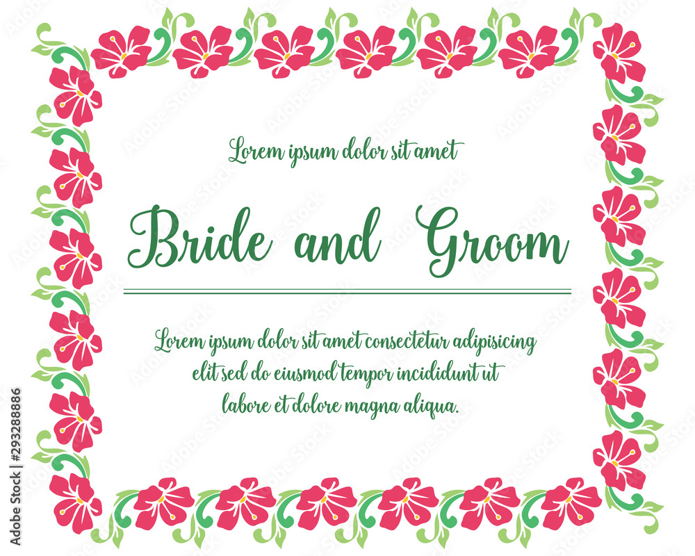 Template invitation card bride and groom, with vintage pink flower frame. Vector