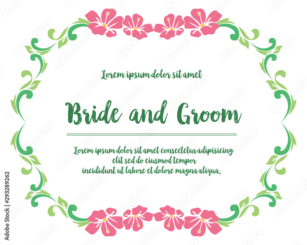 Ornate of card bride and groom, with texture of pink flower frame background. Vector
