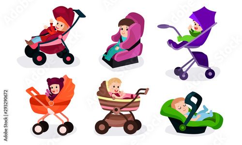 Set Of Six Vector Illustrations With Children Of Different Ages In Various Baby Carriages And Chair