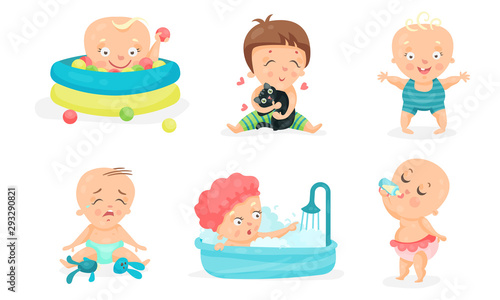 Set Of Vector Illustrations With Baby Toddlers In Different Children Actions