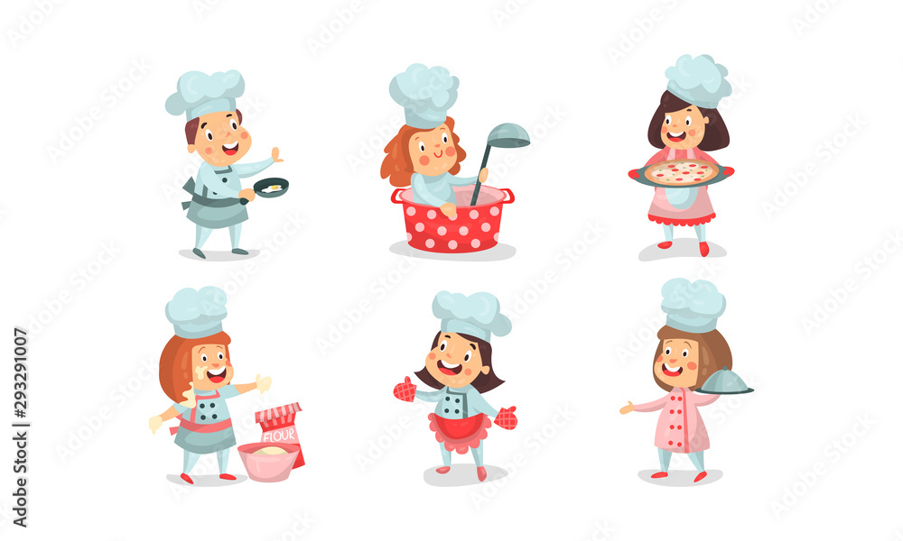 Set Of Six Vector Illustrations Of Babies Playing Cookers In Uniform With Different Scenes Set Of Six Vector Illustrations Of Babies Playing Cookers In Uniform With Different Scenes