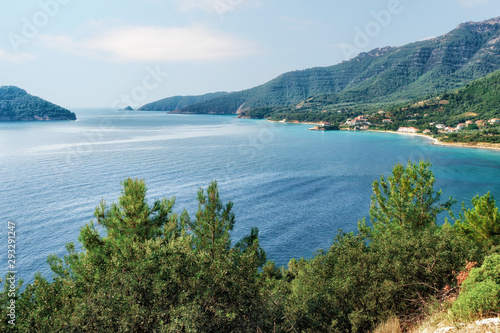 Amazing day view to the North Aegean sea above the pine branches in Tassos island  Greece