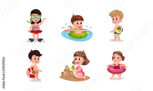 Set Of Vector Illustrations With Children On The Resort Beach Condition