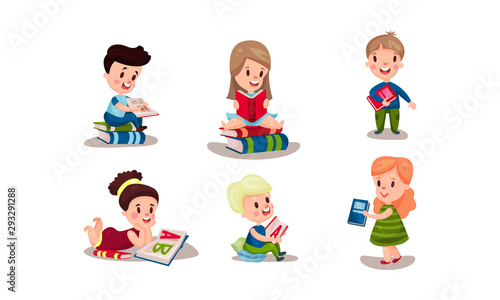 Set Of Six Vector Illustrations With Various Positions Of Children Reading Books