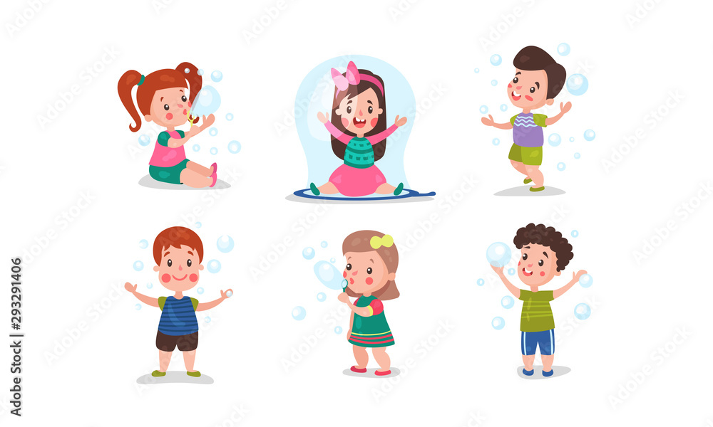 Set Of Six Vector Illustrations With Children Having Fan With Bubble Blower