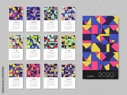 Wall Calendar 2020 with abstract colorful geometric pattern. Bright creative composition. Modern design template. 12 pages and cover. Week starts on Sunday.