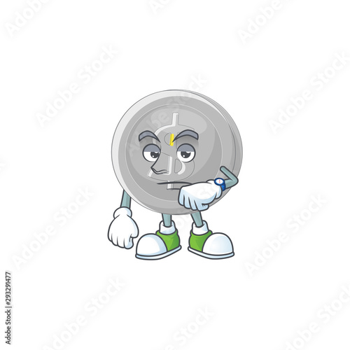 Waiting silver coin cartoon character with mascot