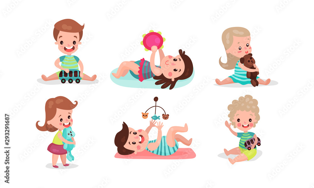 Little Girls And Boys Playing Having Fan With Various Toys Vector Illistrations Set Little Girls And Boys Playing Having Fan With Various Toys Vector Illistrations Set