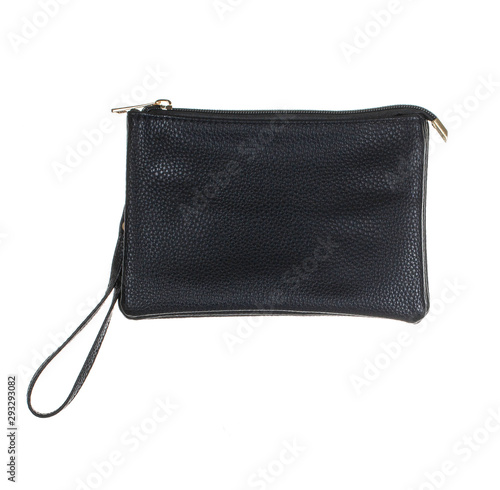 Fotografija wristlet purse, black leather color, Make up handbag wallet, close up and isolat