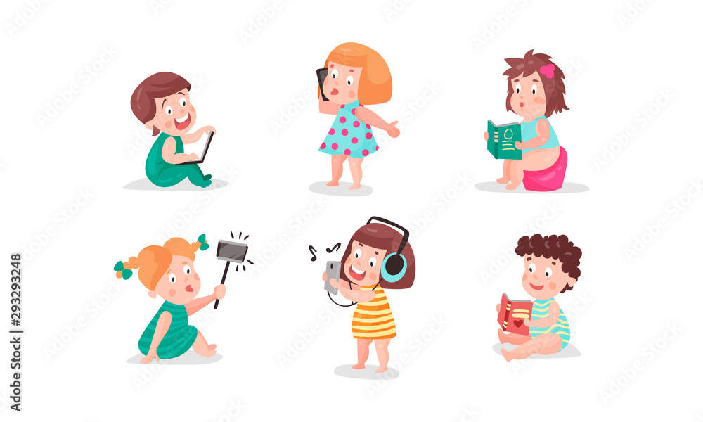 Set Of Six Vector Illustrations Of Children With Adult Affairs