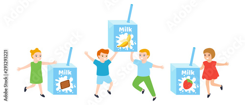 Milk box with tubule in hands of children. Drink for children. Kids like milk. Natural breakfast, snack with vitamins from cow. Healthy food for kids. Vector illustration on white background