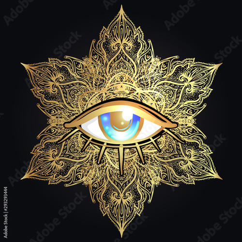 Sacred geometry symbol with all seeing eye over in gold. Mystic, alchemy, occult concept. Design for indie music cover, t-shirt print, psychedelic poster, flyer.