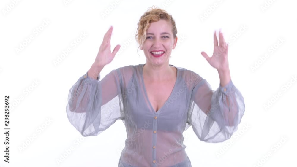 Happy beautiful blonde woman getting good news Happy beautiful blonde woman getting good news