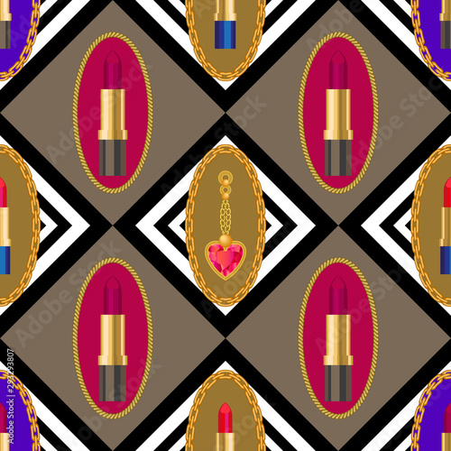 Seamless pattern with jewel items and cosmetics. 