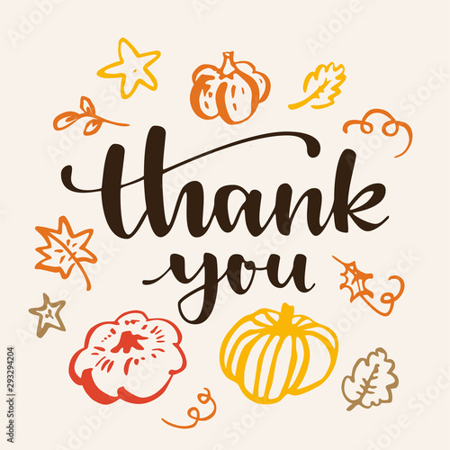 Thank you. Thanksgiving greeting card. Fall modern calligraphic hand drawn greeting card with pumpkin and leaves. Autumn colored artwork, print, artistic vector illustration