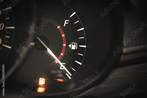 Obraz na plátně Low Fuel gauge showing fuel dashboard.