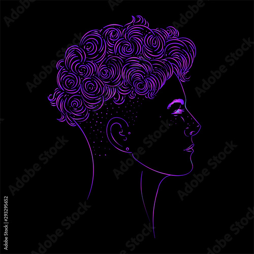 Portrait of a young pretty woman with side shaved hair. Vector illustration isolated. Hand drawn art of a boyish looking girl. Modern street subculture haircut for woman.