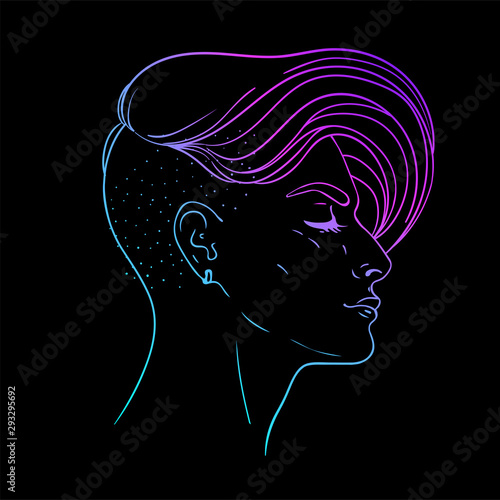 Portrait of a young pretty woman with side shaved hair. Vector illustration isolated. Hand drawn art of a boyish looking girl. Modern street subculture haircut for woman.