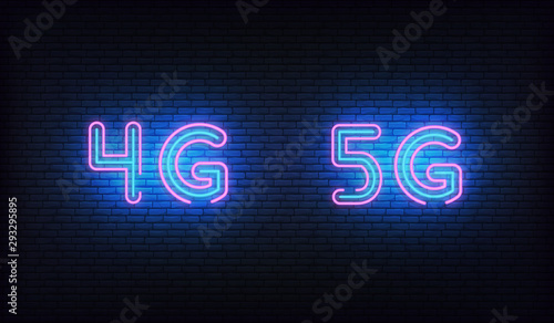 5G, 4G network neon. Glowing sign of wireless internet 5g, 4g connection