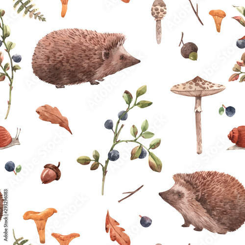Watercolor autumn forest vector pattern