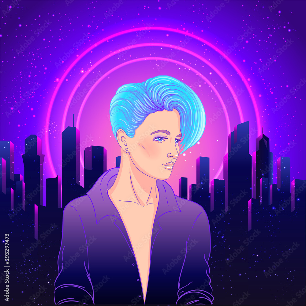 Portrait of a young pretty androgynous woman with short shaved pixie undercut in retro futurism style. Vector illustration in neon bright colors. futuristic synth wave flyer template. Portrait of a young pretty androgynous woman with short shaved pixie undercut in retro futurism style. Vector illustration in neon bright colors. futuristic synth wave flyer template.