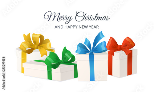 Merry Christmas card. Cartoon gift boxes with bows isolated on white background, vector illustration.