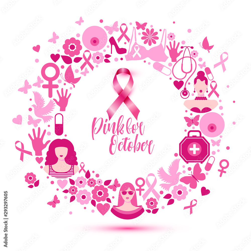 Obraz premium Banner Illustration of breast cancer for october awareness month. Icon in weath.