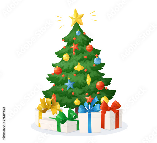 Cartoon Christmas tree with presents isolated on white background. Decorations with stars  balls and garlands