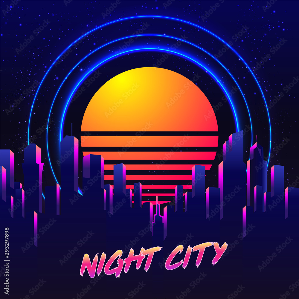 Vector futuristic synth wave illustration. 80s Retro poster Background with  Night City Skyline. Rave party Flyer design template Stock Vector | Adobe  Stock