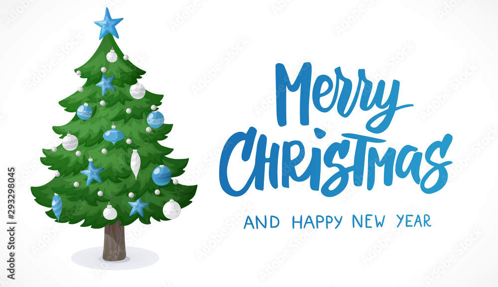 Merry Christmas card. Cartoon Christmas tree isolated on white background.  Decorations with blue and white stars, balls and garlands Stock Vector |  Adobe Stock