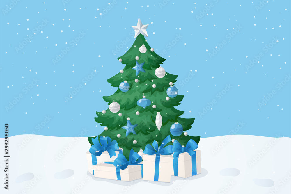 Christmas card, holiday background. Decorated Christmas tree with presents in a snow. Winter landscape with snowfall. Christmas card, holiday background. Decorated Christmas tree with presents in a snow. Winter landscape with snowfall.