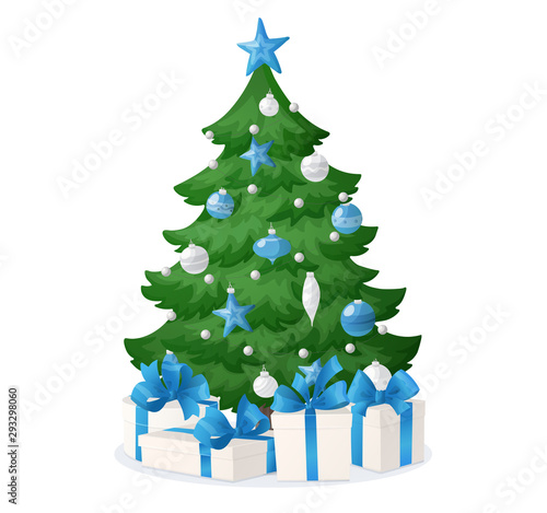 Cartoon Christmas tree with presents isolated on white. Decorations with blue and white stars, balls and garlands.