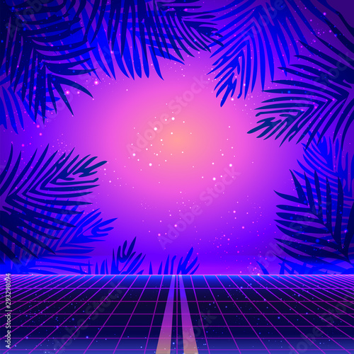 Retro Futurism. Vector futuristic synth wave illustration. 80s Retro poster Background with Night Palm leaves. Rave party template in 1980s style.