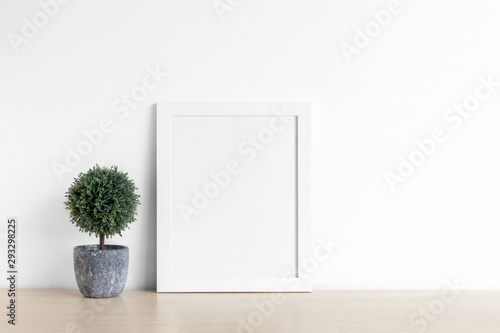 Blank frame photo and green plant on wood table with copy space 