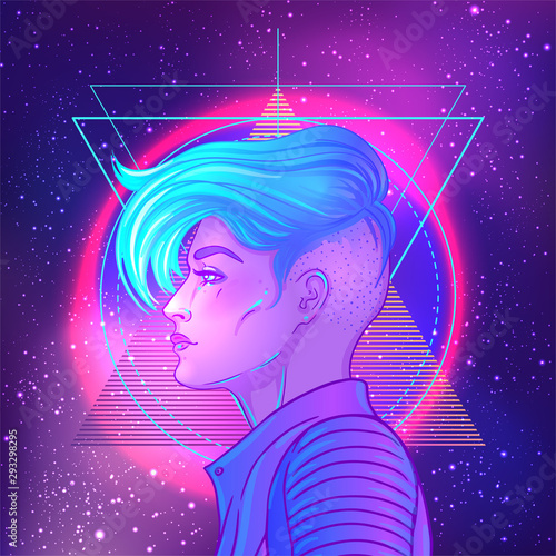 Portrait of a young pretty androgynous woman with short shaved pixie undercut in retro futurism style. Vector illustration in neon bright colors. Blue short hair. futuristic synth wave